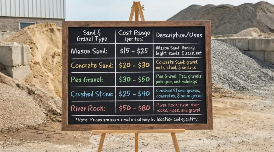 Pricing comparison chart showing different sand and gravel types with their typical cost ranges