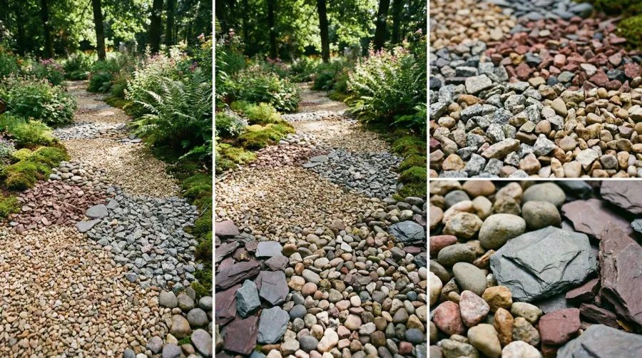 Various crushed stone sizes displayed on walkway surface