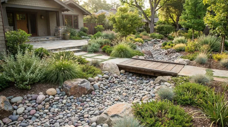 River rock landscaping project with price tags showing costs