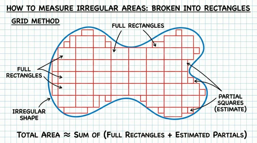 Diagram showing how to measure irregular shaped areas broken into rectangles