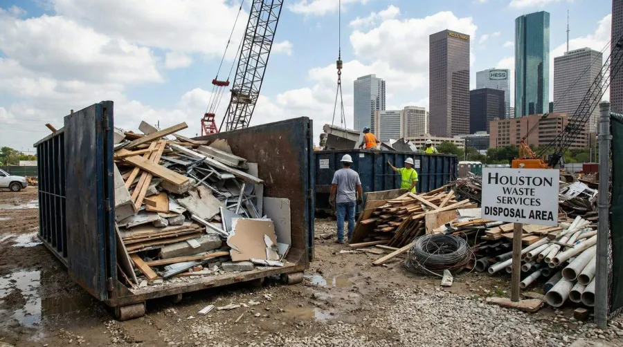Houston construction site with debris and materials ready for disposal