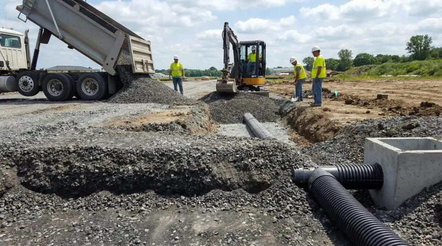 Crusher run gravel drainage installation at construction site