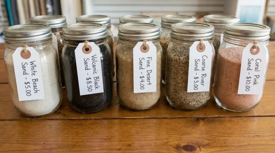 different types of sand samples labeled with prices