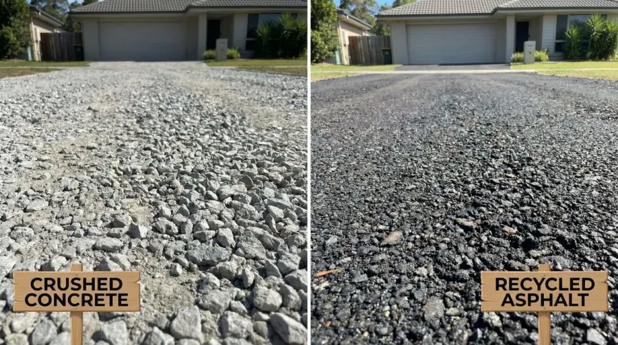 Comparison of crushed concrete and recycled asphalt materials side by side