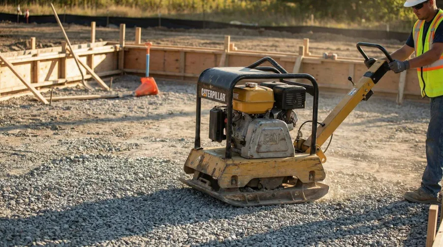 Plate compactor machine compacting gravel during foundation construction process