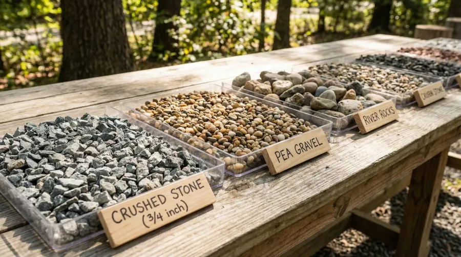 Various gravel types samples displayed side by side showing different sizes and textures