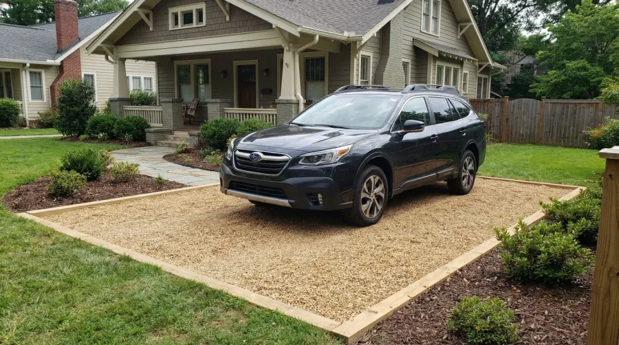 Finished pea gravel parking pad with car parked on it