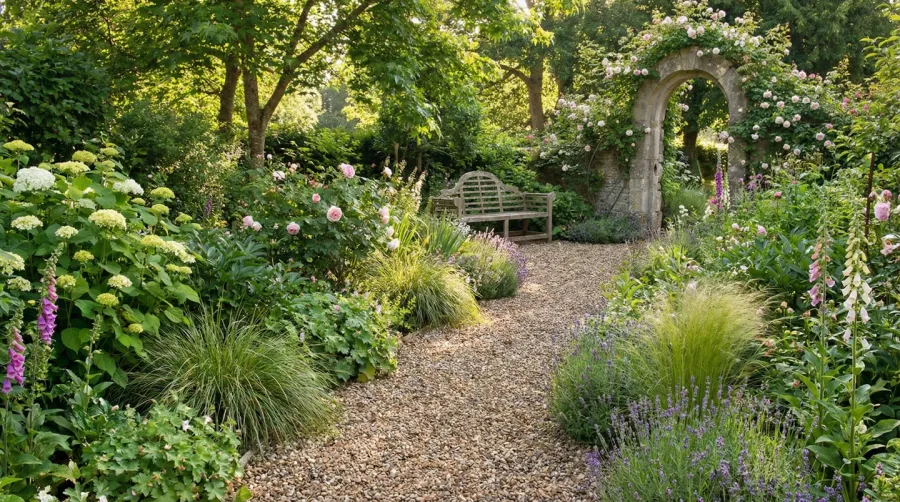 Landscaped garden path with pea gravel surrounded by plants
