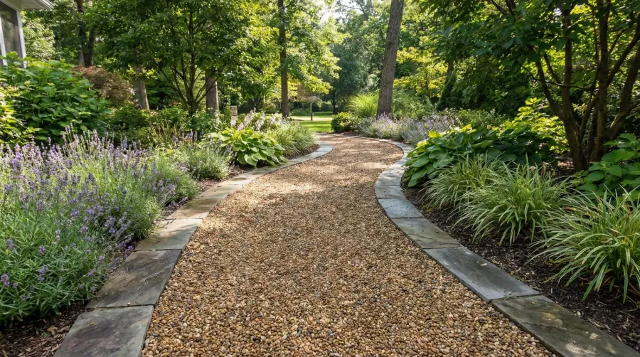 garden pathway showing proper edging with pea gravel surface