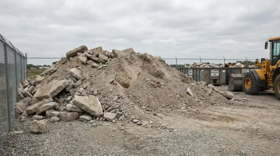 Broken concrete chunks organized in pile ready for disposal