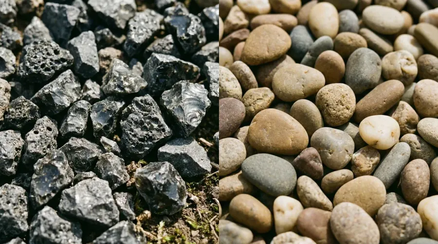 Close-up side-by-side comparison showing angular dark slag gravel texture next to smooth rounded pea gravel stones