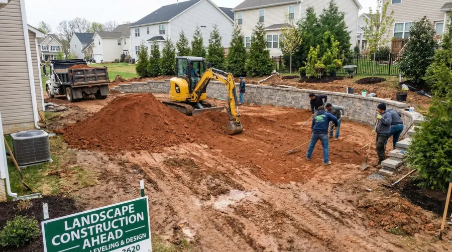 Construction site showing fill dirt being used for yard leveling