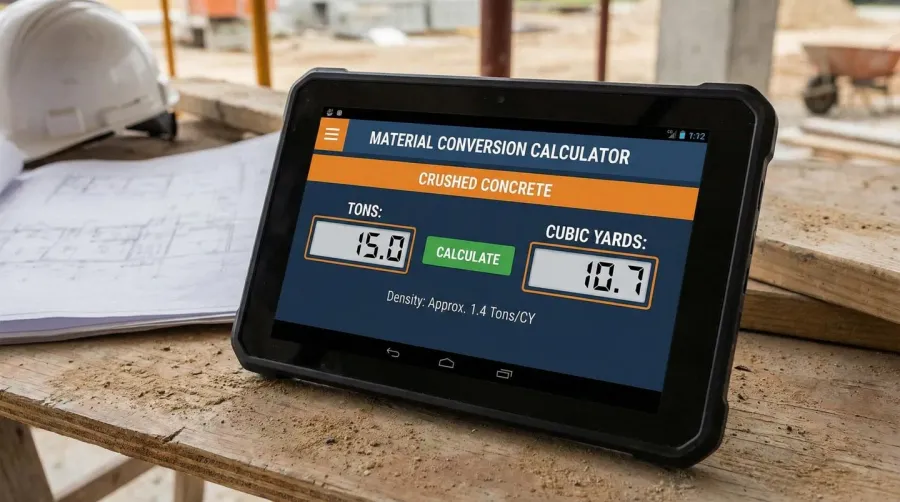 Crushed concrete calculator interface showing tons to yards conversion