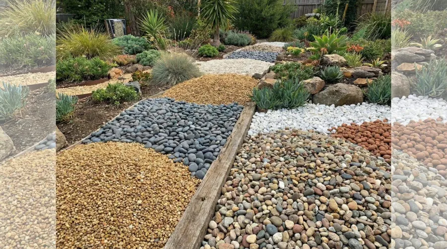 Various pea gravel types displayed in landscaping setting