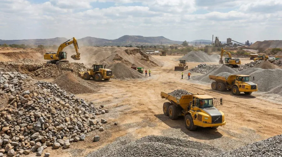 Construction site with various rock sizes and equipment