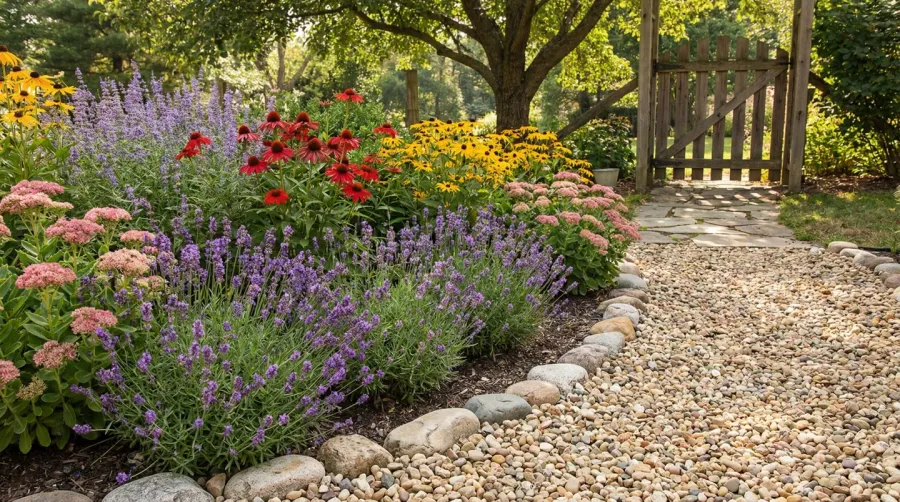 Pea gravel edging around flower bed with colorful plants