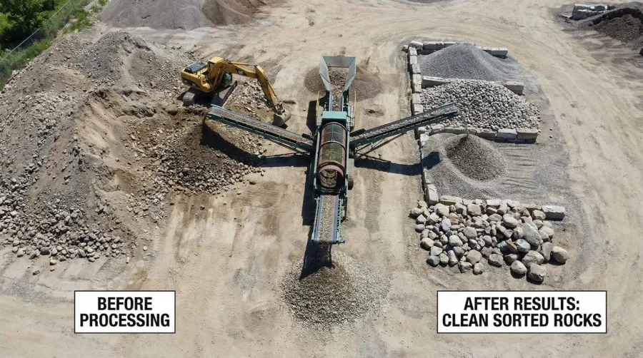 Landscape rock screening process showing before and after results