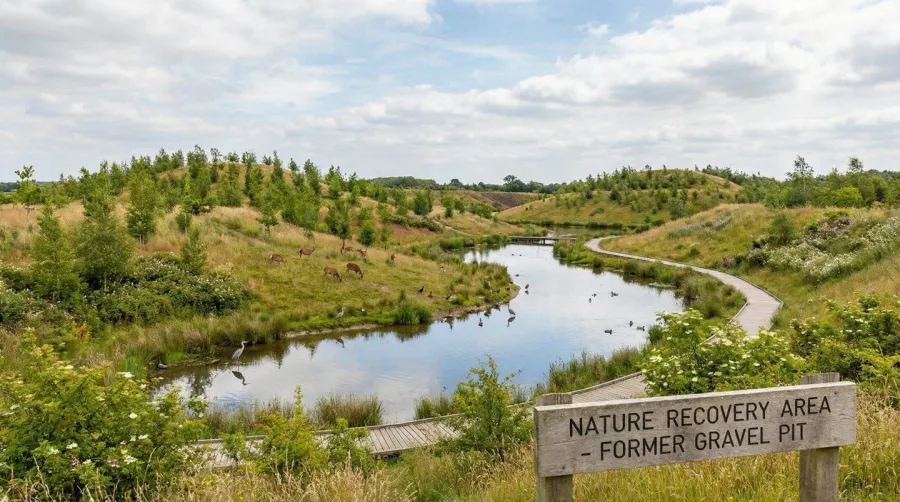 Reclaimed gravel pit showing restored vegetation and wildlife habitat