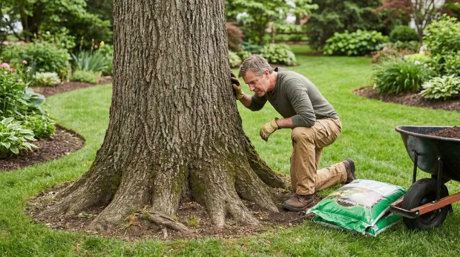 homeowner examining tree trunk and root flare before adding soil around mature oak tree in landscaped yard