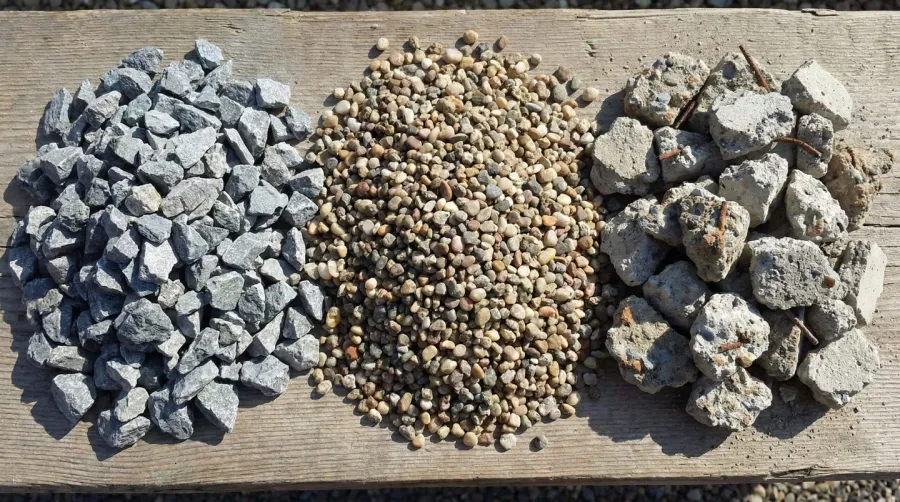 Different aggregate materials comparison - crushed stone, pea gravel, and recycled concrete