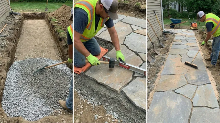 Walkway installation showing proper base preparation and stone laying technique