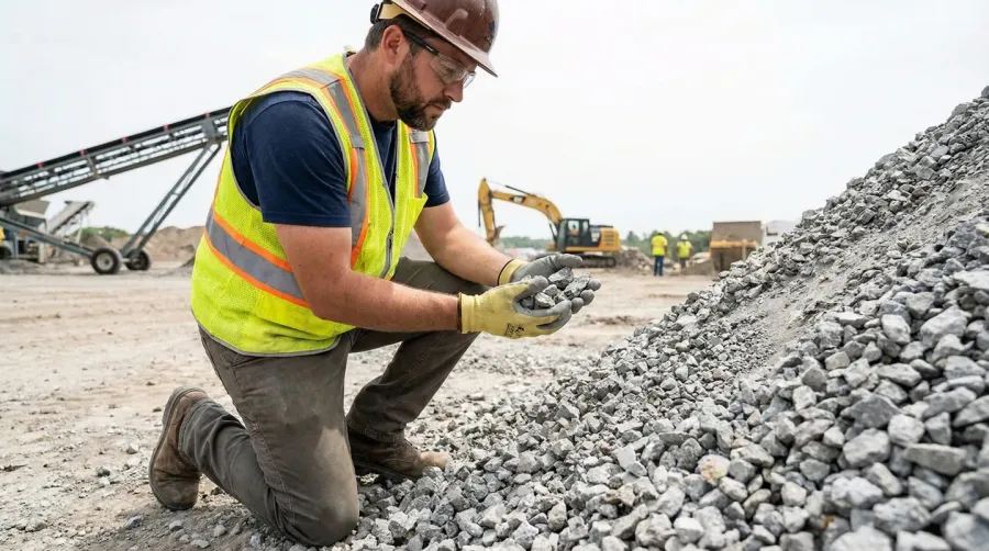 Construction worker inspecting crushed concrete quality
