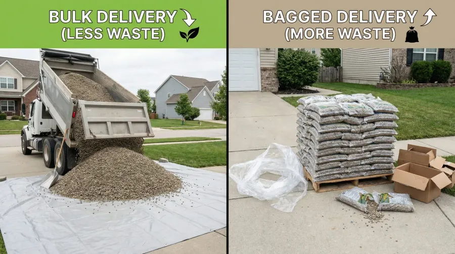 Environmental comparison of bulk versus bagged gravel showing waste reduction