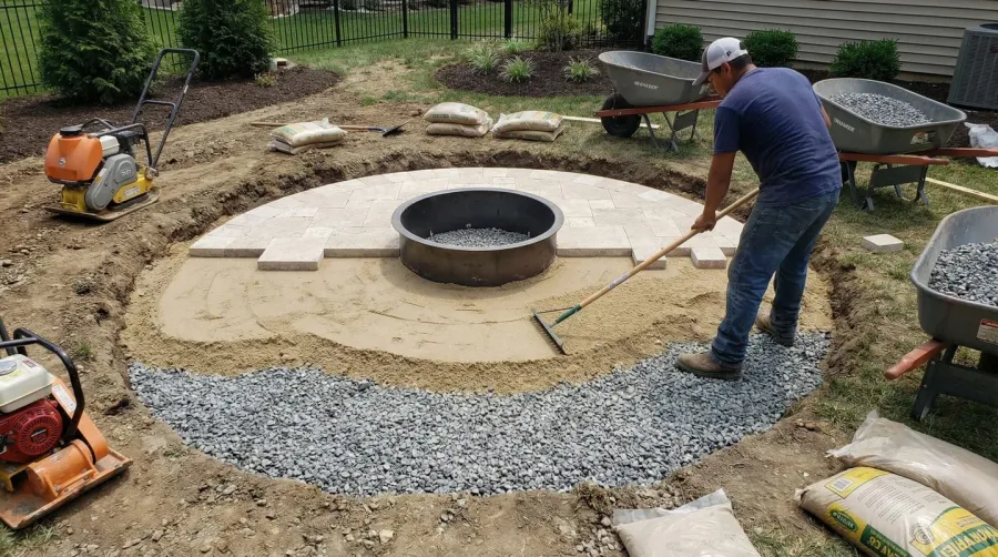 Travertine fire pit installation base preparation with gravel and sand layers