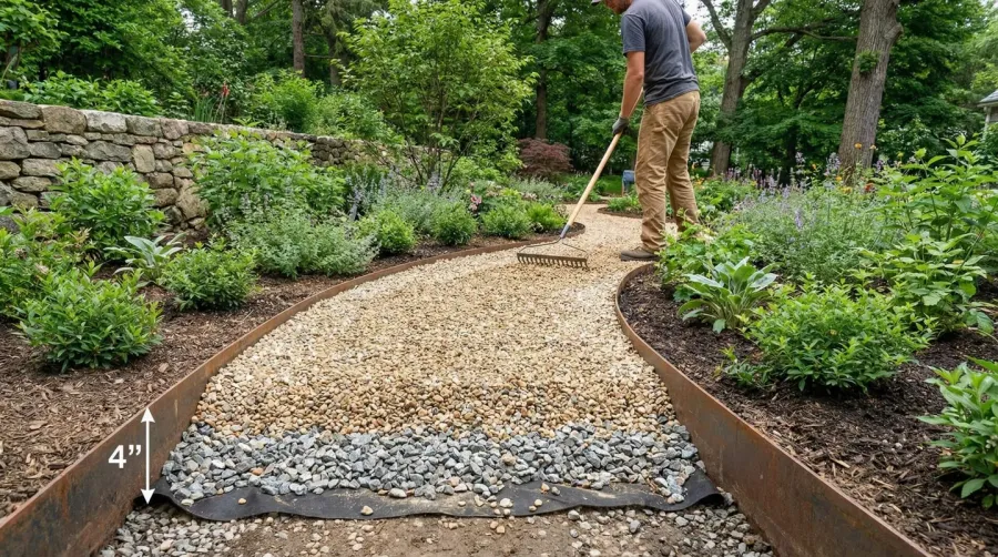 Pea gravel pathway installation showing proper depth and edging