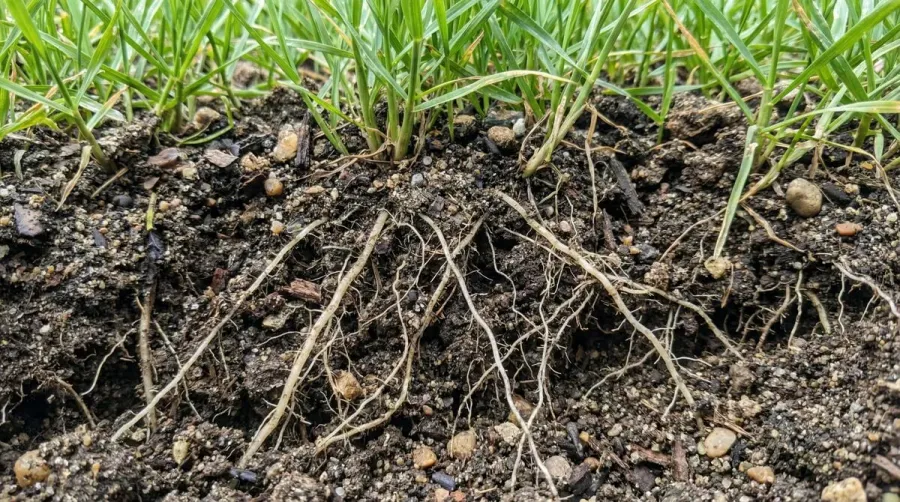 Healthy grass growing in amended fill dirt with visible root system