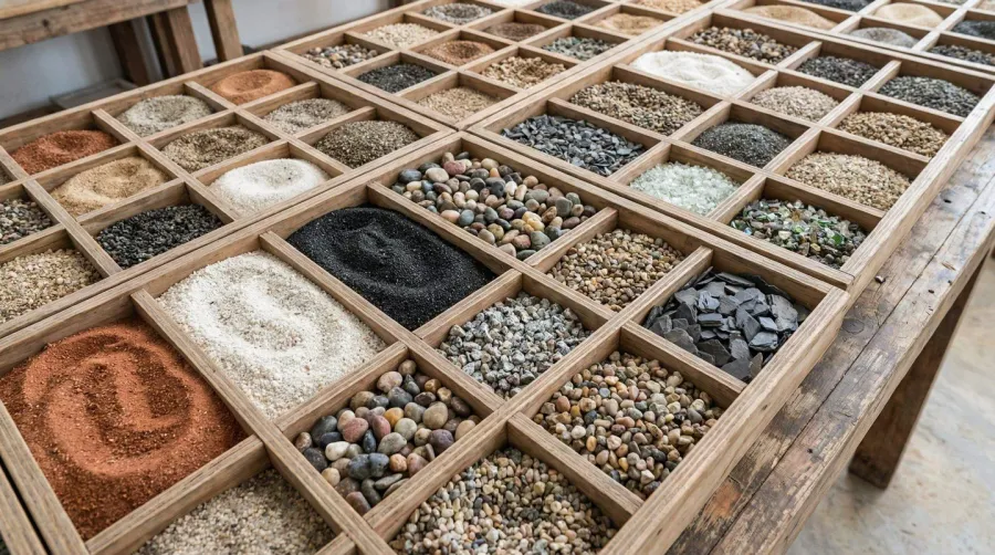 Different types of sand and gravel samples