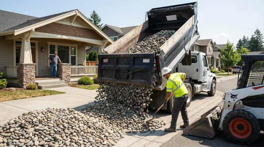 River rock being delivered and unloaded at residential site