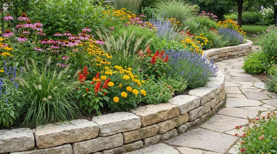 Limestone edging flower bed before and after