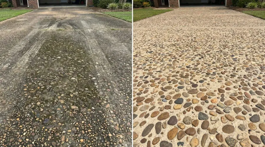 Exposed aggregate concrete cleaning before and after comparison