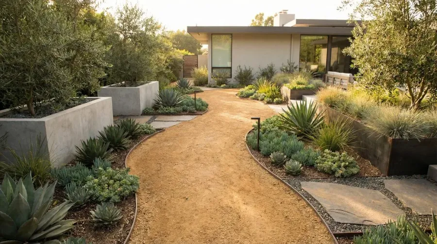 Decomposed granite pathway with plants and modern landscaping design