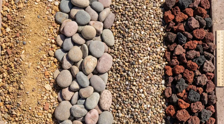 Close-up comparison showing different Arizona rock types including decomposed granite, river rock, pea gravel, and lava rock with size and color variations