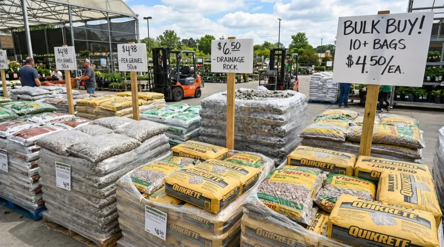 gravel bags stacked at home improvement store with price tags visible
