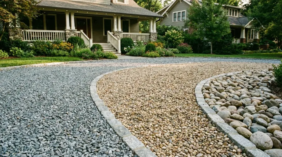 Gravel driveway with different types of stones