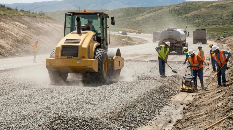 Construction crew using vibratory roller to compact aggregate base course in layers
