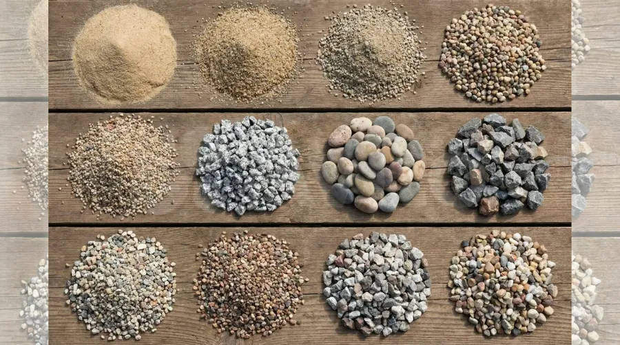 Different types of sand and gravel samples for construction materials
