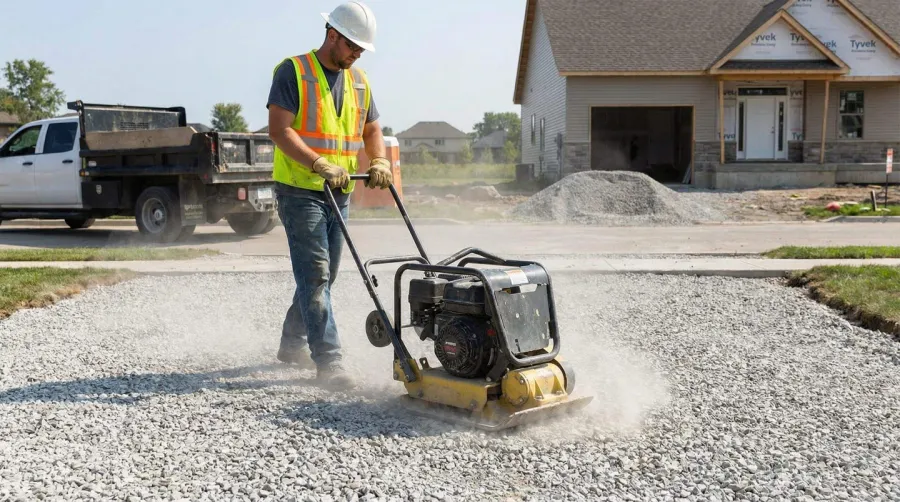 Construction worker compacting dolomite gravel with plate compactor