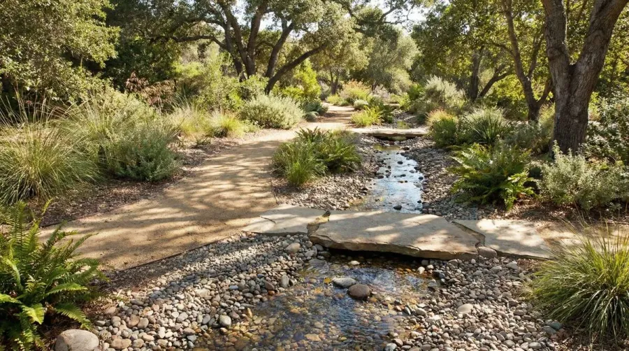 Decomposed granite drainage pathway with water flowing