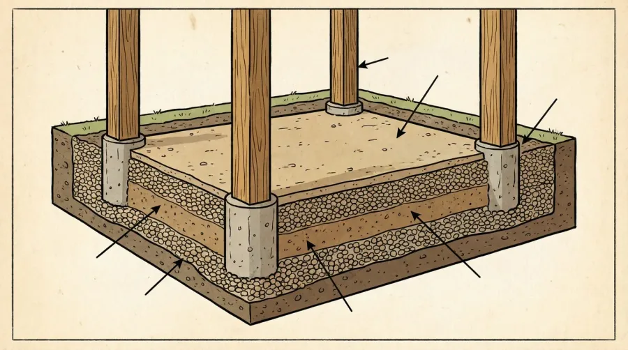 Cross-section diagram showing layers of pea gravel base with gazebo posts