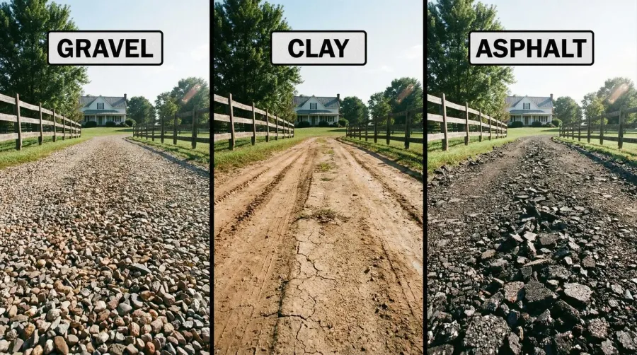 Comparison view of different dirt driveway materials including gravel stones, clay surface, and asphalt pieces