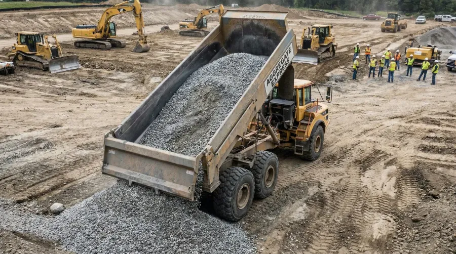 Truck delivering gravel to construction site