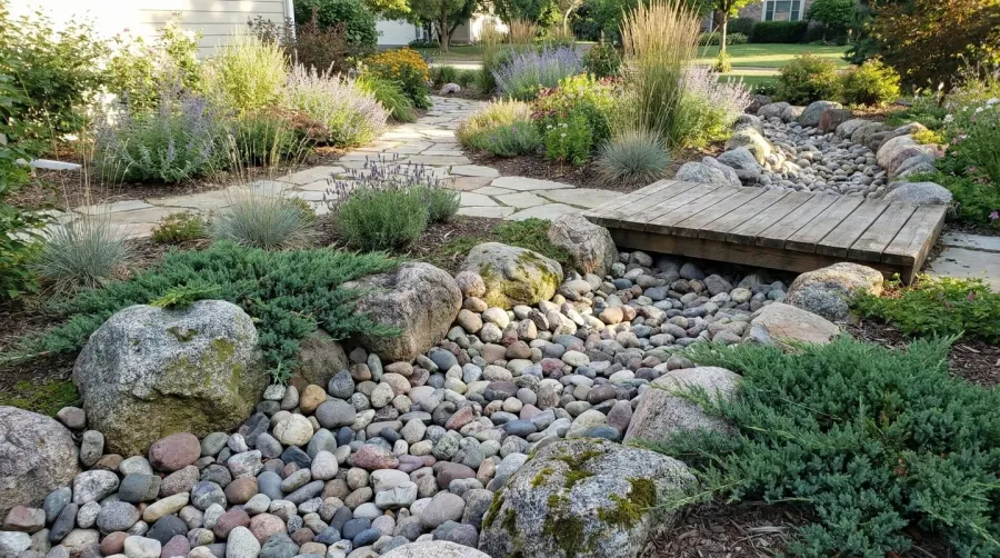 Landscaping project showing different river rock sizes in garden setting