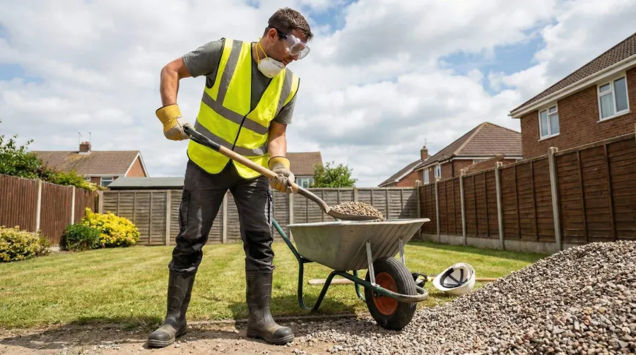 Person wearing safety gear removing gravel