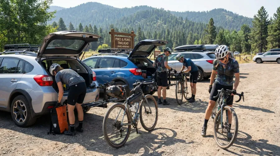 Gravel cyclists preparing gear at trailhead parking area