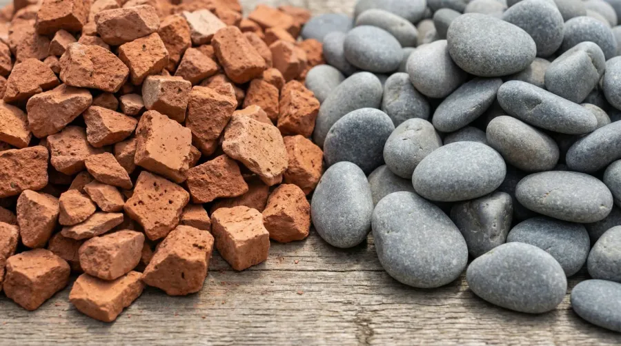 Close-up comparison of brick chips versus regular gravel showing angular texture difference