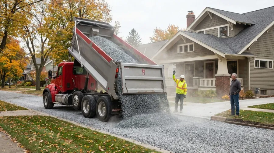 Dump truck delivering gravel to a residential driveway construction site